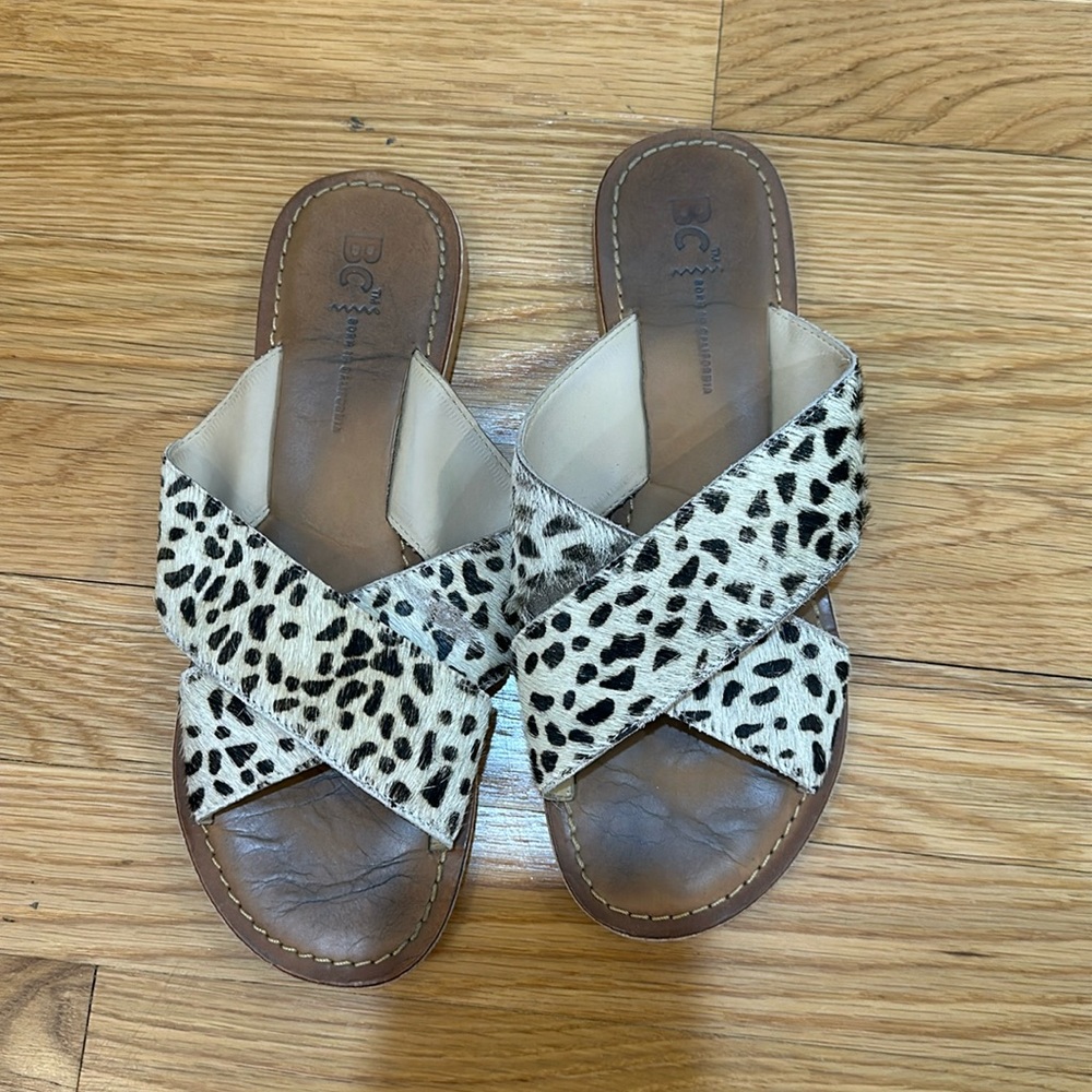 BC leopard hair calf crossover sandal - size 8.5